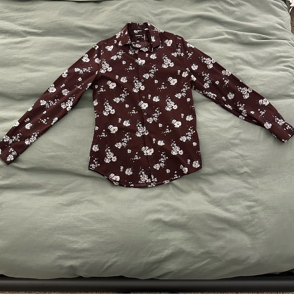 Express long sleeve Dark red floral button-up.